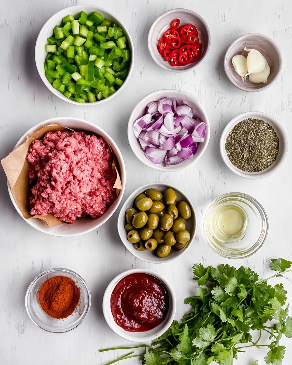 The image shows several small white bowls and plates arranged neatly on a white marbled surface, each holding different cooking ingredients. The largest bowl contains raw pink minced meat wrapped partly in brown parchment paper placed near the lower left corner. Surrounding it are bowls of bright green diced bell peppers, finely chopped purple onions, whole green olives with red pimento centers, and minced garlic. There are small plates or bowls holding reddish-brown paprika powder, dried herbs, capers, and a rich tomato paste in dark red color. A small clear glass bowl holds a light-colored liquid, likely oil or vinegar. Near the bottom right corner is a fresh bunch of green cilantro leaves. The bowls and plates vary slightly in size and shape but are all white, contrasting with the colorful ingredients. Photo taken with an iphone --ar 4:5 --v 7