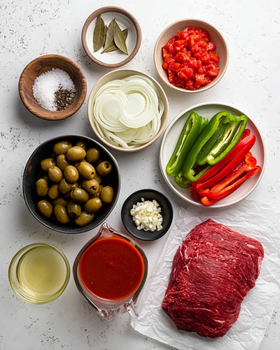 The image shows an overhead view of various ingredients neatly arranged on a white marbled surface. Starting from the top left, there are two small wooden bowls, one with coarse white salt and one with ground black pepper, a small beige bowl with three dried bay leaves, and next to that a beige bowl with chopped red tomatoes. Below these in the middle is a dark bowl filled with green olives stuffed with pimentos. To the right is a white bowl with long green and red sliced bell peppers arranged side by side. Below the olives is a dark bowl filled with thinly sliced white onions in a circular layered pattern. At the bottom right corner there is a large piece of raw red meat laid on white parchment paper. Toward the bottom center, a small black bowl holds finely chopped garlic, and next to it on the left is a glass cup with clear light-yellow liquid. Finally, in front of the meat is a clear glass measuring cup filled with thick red tomato sauce. All the ingredients are neatly placed, showing a clean and organized setup for cooking photo taken with an iphone --ar 4:5 --v 7