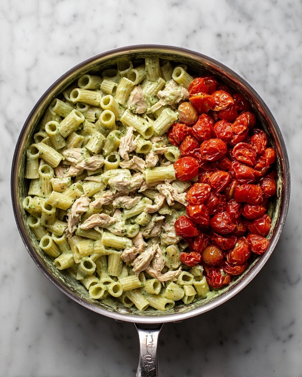 A metal pan filled with three layers of food: the bottom layer is creamy green pesto sauce coating the pasta, which are short, slightly curved tubes of pale yellow color; the middle layer has chunks of lightly browned cooked chicken scattered around; the top layer is bright red roasted cherry tomato halves and fresh green basil leaves spread evenly, adding color contrast. To the side, a white plate filled with finely grated cheese sits on a white marbled surface with some loose basil leaves near the pan. photo taken with an iphone --ar 4:5 --v 7