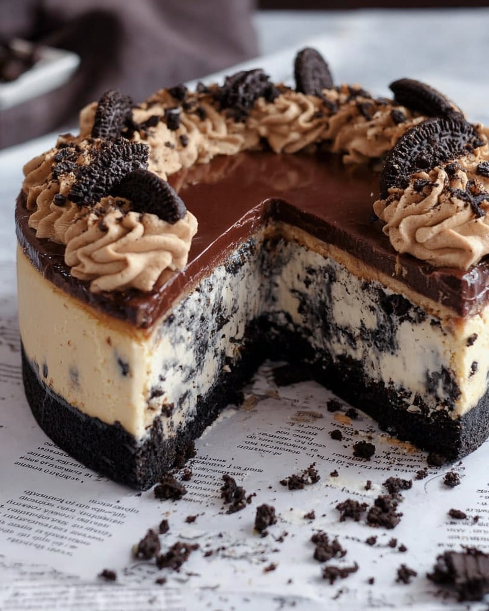 A slice of layered cookies and cream cheesecake is placed on a white plate with dark speckles. The bottom layer is a dark, crumbly chocolate crust. Above it is a thick, creamy layer full of small and large black cookie pieces mixed into a light cream cheese base. On top of the cheesecake is a smooth, dark chocolate ganache layer. The slice is decorated with a thick swirl of light gray whipped cream mixed with cookie crumbs and topped with more crushed cookies. In the background, there is a whole cheesecake on a wooden board, with the same layers visible, set against a white marbled surface. Photo taken with an iphone --ar 4:5 --v 7