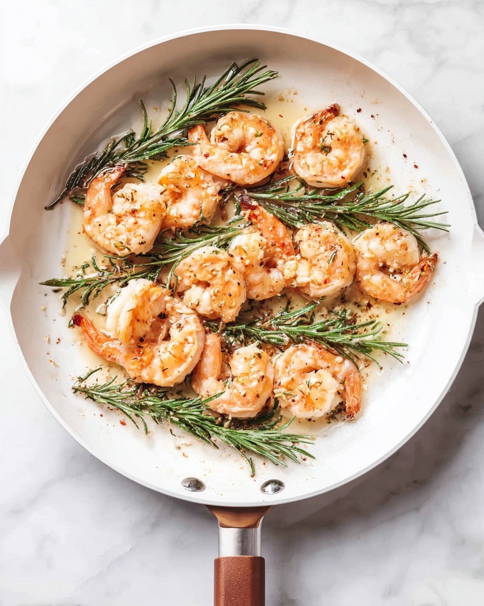 Brown Butter Rosemary Shrimp Skewers Recipe 5 A white plate with many cooked shrimp that are pink and slightly charred, placed in layers with some green rosemary sprigs on top and around them. Next to the shrimp is a small white bowl holding a dark sauce with bubbles on the surface and a rosemary sprig inside. The background is a white marbled texture. photo taken with an iphone --ar 4:5 --v 7