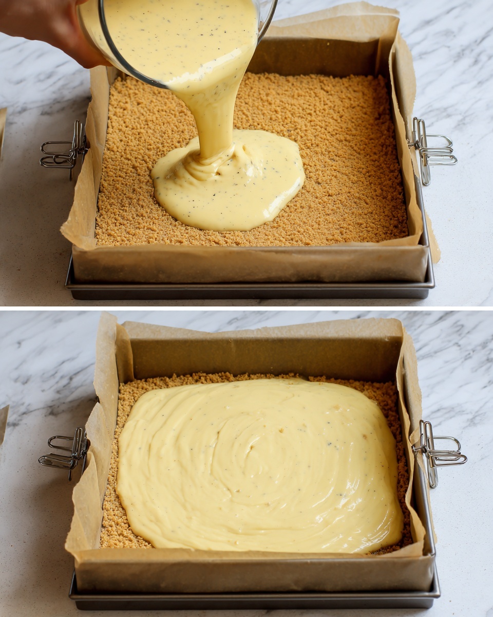 The image shows two steps of making a dessert in a square baking pan with parchment paper secured by metal clips. The first step shows a woman's hand pouring a thick, creamy yellow mixture with small dark specks over a smooth, even layer of crumbled, golden brown base that fills the bottom of the pan. The second step shows the baking pan filled with the same creamy mixture, now spread evenly, covering the rough texture of the base below. The pan is placed on a white marbled surface. Photo taken with an iphone --ar 4:5 --v 7