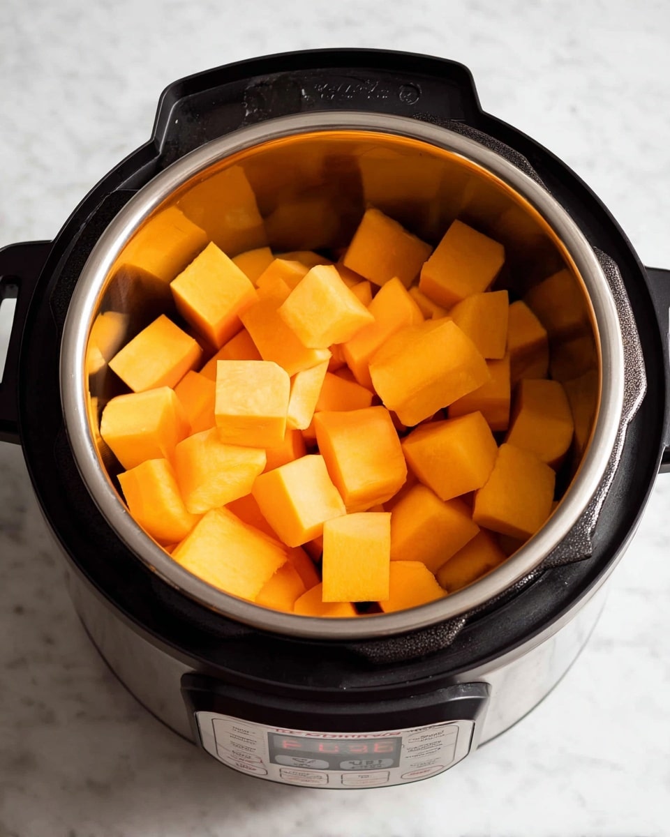 A stainless steel pressure cooker is filled with medium-sized cubes of peeled orange squash, evenly spread inside the pot. The shiny black and silver exterior of the cooker contrasts with the soft, matte texture of the squash cubes. The cooker is placed on a white marbled surface, and the photo is taken from a top front angle showing the digital display and buttons on the cooker. photo taken with an iphone --ar 4:5 --v 7