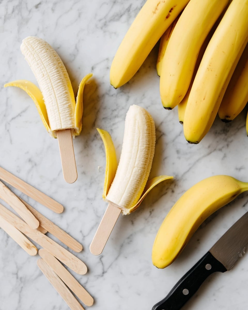 Two peeled banana halves are placed on a white marbled surface with flat wooden sticks inserted into the bottom of each banana half. A bunch of whole yellow bananas is positioned in the upper right corner, and a peeled banana skin lies in the lower left. Several flat wooden sticks are scattered on the left side, and a knife with a black handle rests on the right side of the banana halves. photo taken with an iphone --ar 4:5 --v 7