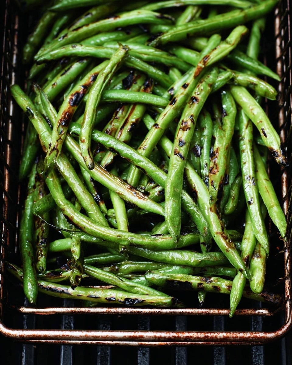 A grill basket filled with many green beans that are slightly charred with dark brown marks in different spots, giving a roasted look. The green beans are bright green with natural texture and some shine, showing they are cooked but still fresh. The grill basket has metal bars and edges, seen from the side with the grill surface underneath. Photo taken with an iphone --ar 4:5 --v 7