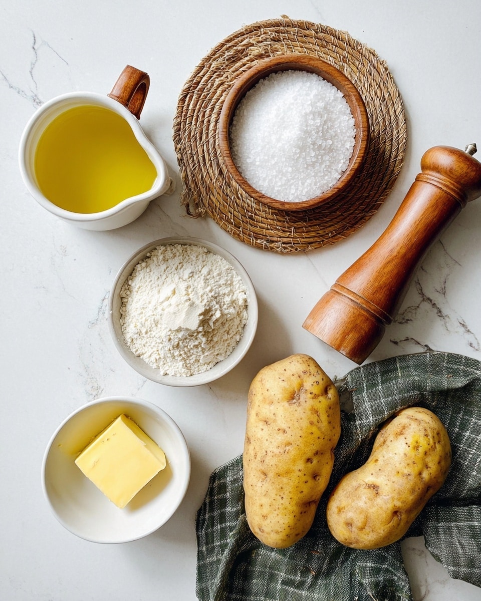 The image shows a white marbled surface with two brown potatoes on the right, some laying on a checked green cloth. On the top right is a wooden bowl filled with white salt, and next to it is a wooden pepper grinder. Towards the left is a small white bowl with flour, and below it is a small white bowl with a square piece of yellow butter. Above these bowls is a white cup with a wooden handle filled with yellow liquid, likely oil, sitting on a round woven mat. The scene is bright and clear, and all items are neatly arranged. photo taken with an iphone --ar 4:5 --v 7