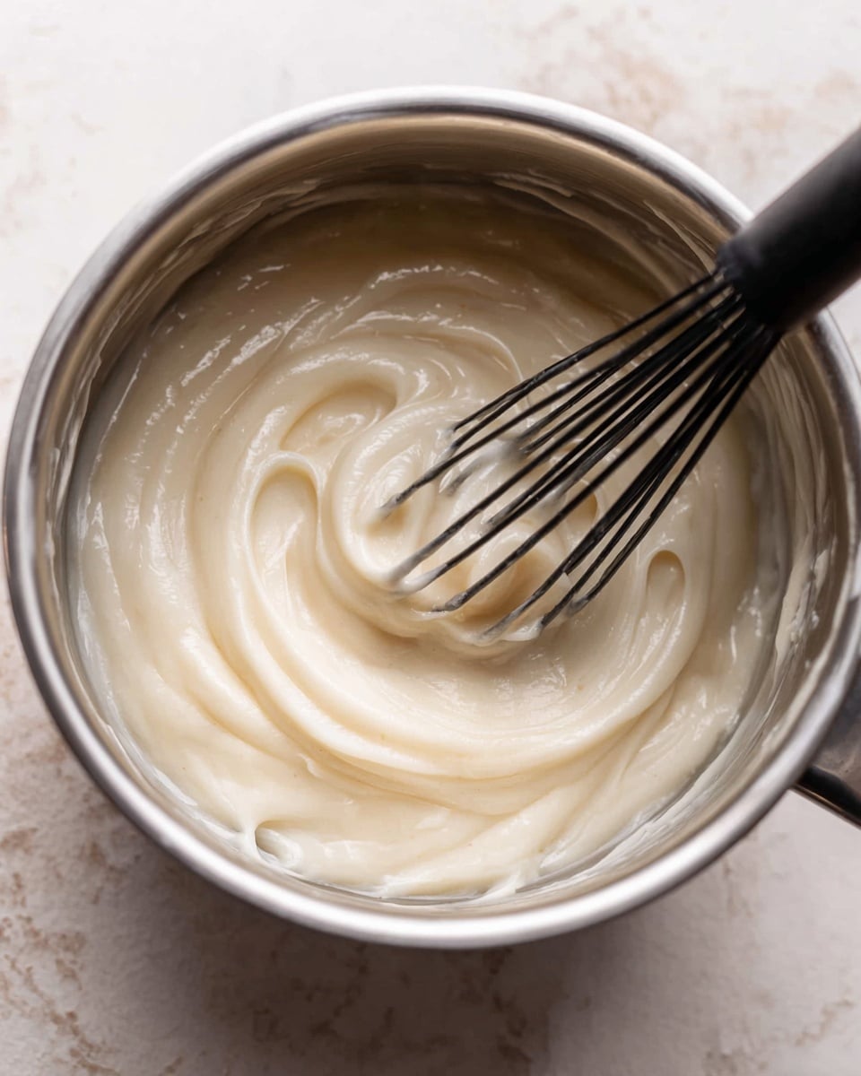 A close-up image of a shiny metal pot with a thick, creamy white paste inside. The paste has a smooth, soft texture and forms a spiral pattern in the center. A black whisk with white paste clinging to its wires is resting inside the pot, partially submerged in the paste. The pot sits on a surface with a white marbled texture. photo taken with an iphone --ar 4:5 --v 7