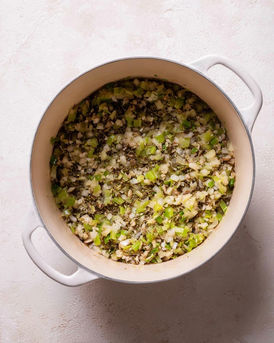 Inside a white pot with two handles, there is a single visible layer of finely chopped cooked vegetables including light green celery, translucent white onions, and darker brown small pieces that look like mushrooms or herbs. The mixture has a soft, slightly shiny texture, spread evenly across the bottom of the pot. The pot is placed on a white marbled surface with light texture and soft lighting highlighting the cooked ingredients. Photo taken with an iphone --ar 4:5 --v 7