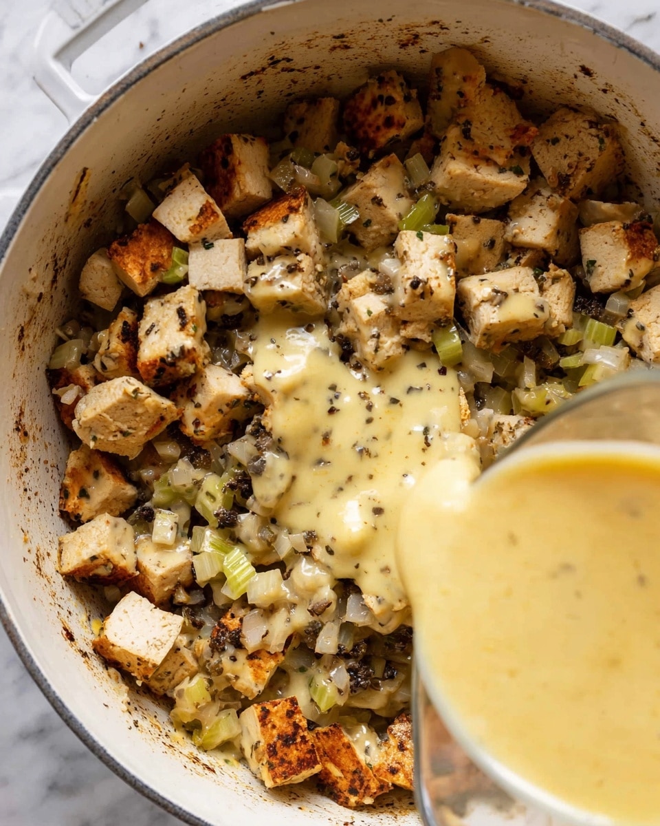The image shows a white pot filled with a mixture of diced light brown tofu pieces with some darker grill marks, finely chopped onions, and celery, all coated in herbs giving a speckled look. A creamy thick yellow sauce is being poured into the pot from a glass container, partially covering the tofu mix in the lower right area. The inside of the pot has some splashes of sauce residue showing a slightly worn texture, and the background is a white marbled surface. The photo taken with an iphone --ar 4:5 --v 7