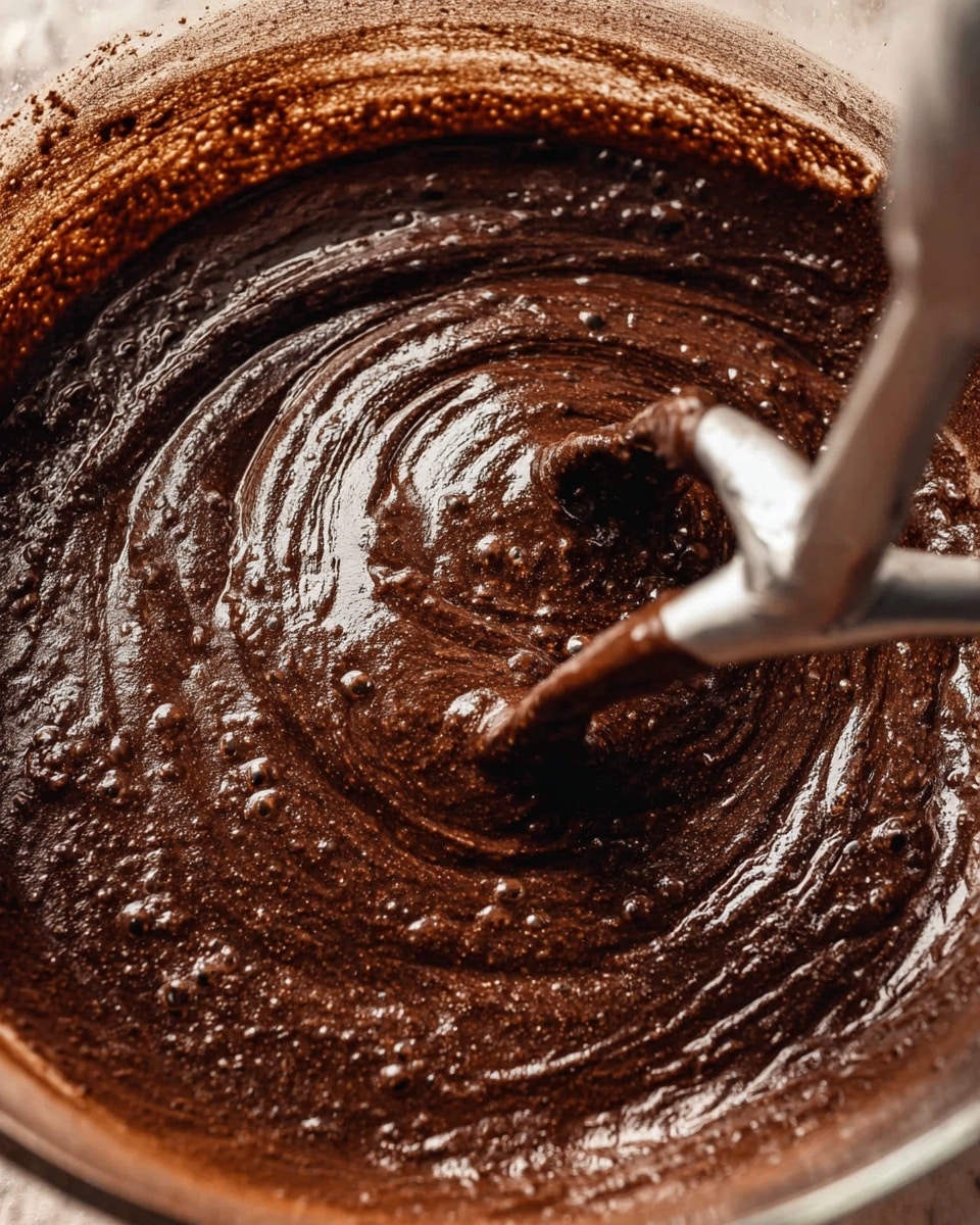 A close-up view inside a clear glass bowl shows thick, dark chocolate batter with a glossy, slightly textured surface mixed with air bubbles. A metallic mixer blade covered in the chocolate batter is stirring the mixture from the side. The background is a white marbled texture. photo taken with an iphone --ar 4:5 --v 7