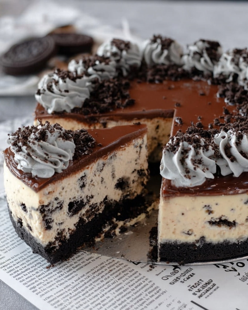 The image shows a cookies and cream cheesecake with three clear layers. The bottom layer is a dark, crumbly crust made from crushed cookies. The middle layer is thick and creamy with a light color, mixed with small dark cookie bits throughout. On top, there is a smooth, glossy chocolate layer. Around the edge of the cake, there are swirls of light gray whipped cream with cookie crumbs sprinkled over them. One slice of the cake is removed, showing the inside layers clearly. The cake sits on top of newspaper-style paper over a white marbled surface. Photo taken with an iphone --ar 4:5 --v 7
