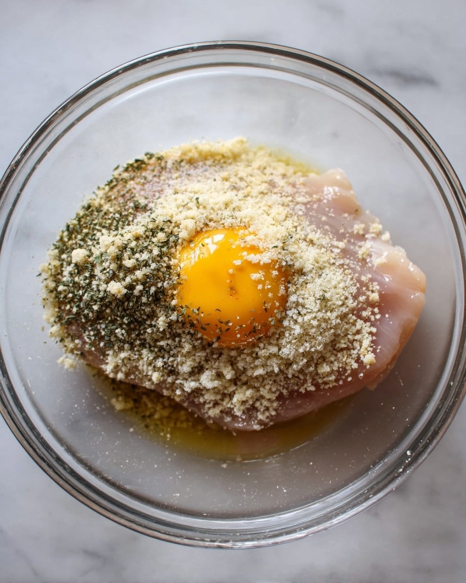 A clear glass bowl sits on a white marbled surface, holding a piece of raw pale pink chicken fillet at the bottom. On top of the chicken lies a raw egg yolk shining bright yellow. The chicken is covered by a pile of small white breadcrumbs mixed with green dried herbs and white granules of salt. The bowl is transparent, allowing full view of the simple raw ingredients stacked together. photo taken with an iphone --ar 4:5 --v 7