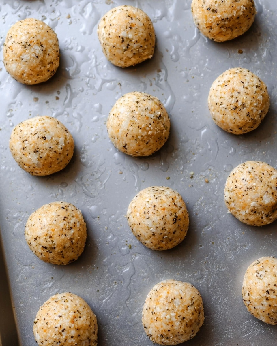 There are about fifteen round, light beige dough balls mixed with small dark green and black specks, arranged evenly on a large gray baking sheet with some water droplets scattered around. Each dough ball has a rough texture and shows tiny bits of seasoning on the surface, and they are spaced in a neat grid pattern. The background has a white marbled texture. photo taken with an iphone --ar 4:5 --v 7