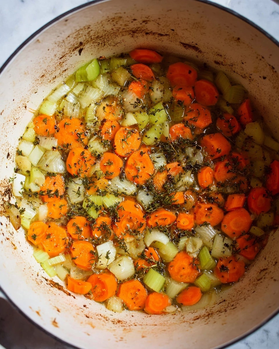 A white pot filled with three visible layers of cooked vegetables, beginning with bright orange carrot slices scattered evenly throughout, followed by pale green celery pieces that are cut into curved small chunks, and lastly translucent small onion pieces mixed across the top; the vegetables are sprinkled with finely chopped herbs that add specks of dark green and brown. The inside of the pot shows light brown spots where the vegetables have touched the surface, giving a slightly crispy texture look. The whole pot is placed on a white marbled surface. photo taken with an iphone --ar 4:5 --v 7