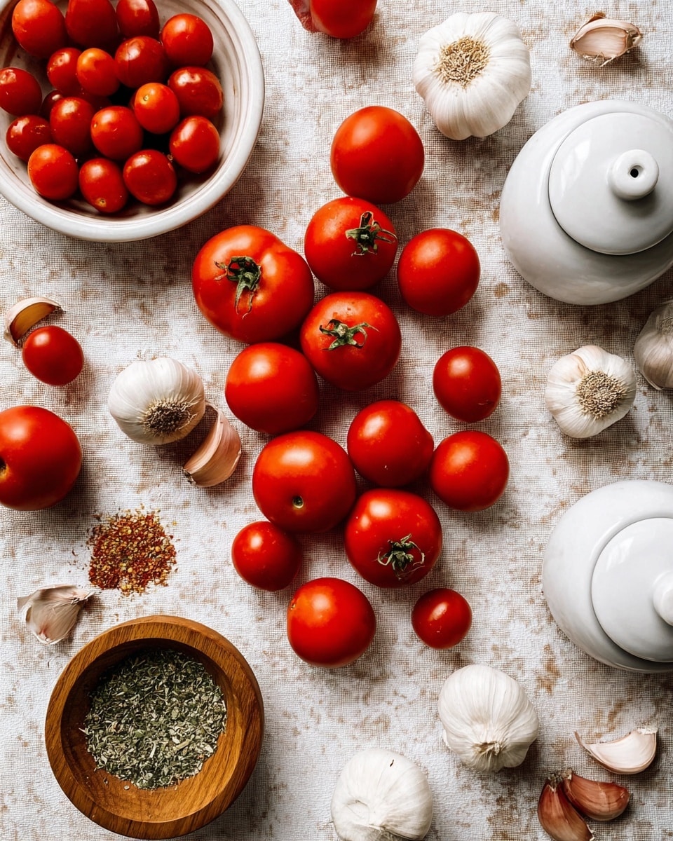 The image shows many red tomatoes scattered across a white marbled surface with a rough texture. There are some whole, round tomatoes evenly spread out. A small white bowl filled with small round cherry tomatoes sits on the left side. There are several garlic bulbs and garlic cloves near the tomatoes, with some pieces peeled. Two white ceramic pots with lids are placed on the top right and bottom right corners. At the bottom left, a small wooden bowl contains different green and beige dried herbs and spices mixed together. The whole scene is bright and colorful. Photo taken with an iphone --ar 4:5 --v 7