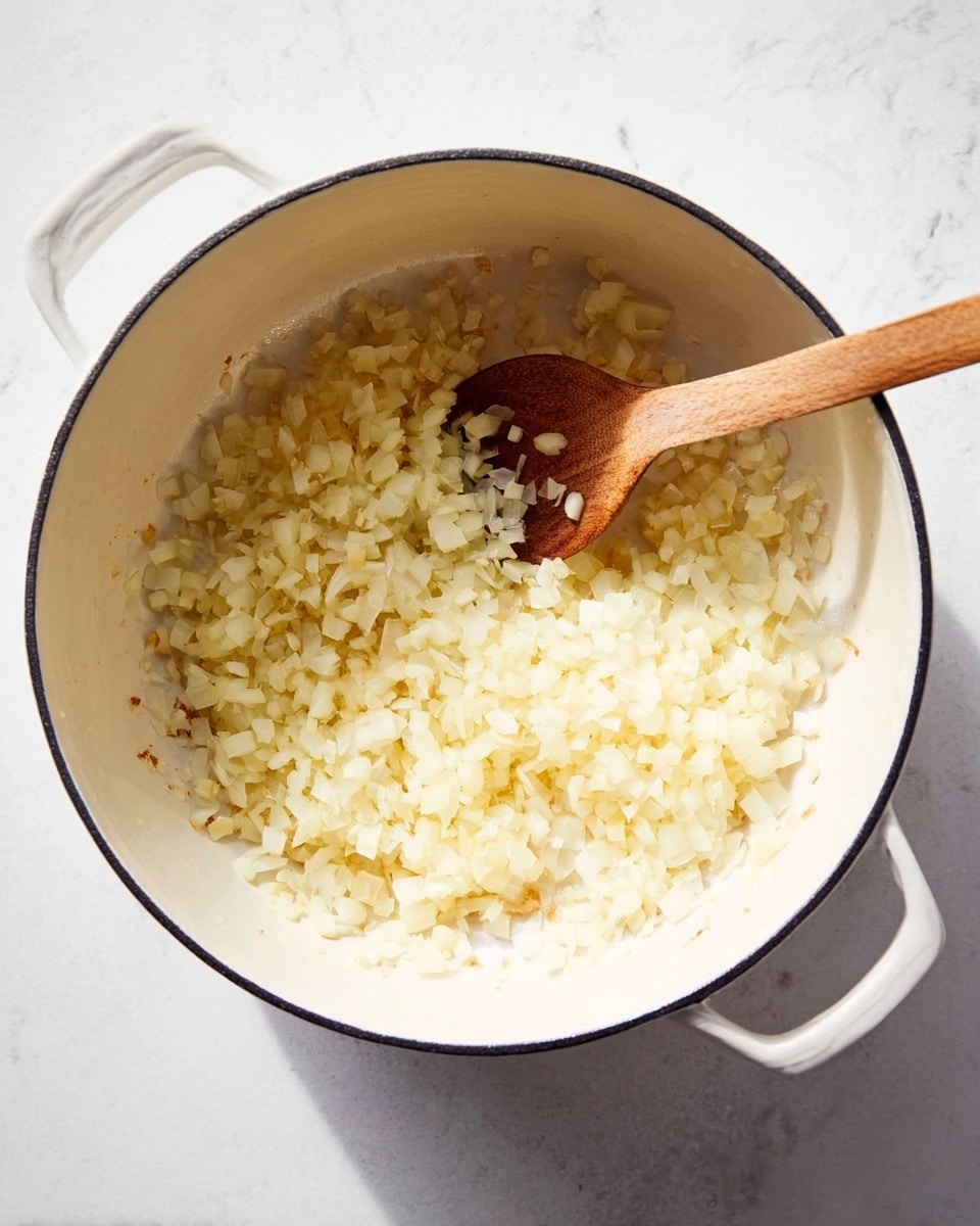 A close-up view of a white pot with black rim and two handles, placed on a white marbled surface. Inside the pot is one layer of soft, small diced pale yellow onions, spread out evenly. A wooden spoon with a light brown color rests on the edge of the pot, partially on the onions, showing slight browning on the inner pot surface beneath the onions. The lighting is bright and natural. Photo taken with an iphone --ar 4:5 --v 7