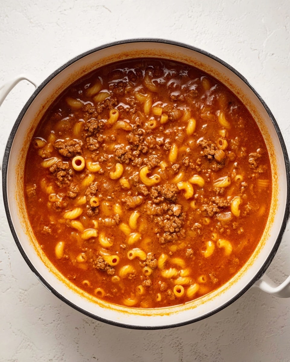 A large white pot is filled with a thick, reddish-orange soup that has small pieces of ground meat and short, round pasta spirals floating on the surface. The soup looks rich and slightly oily, with visible bits of translucent cooked onions mixed in. The pot's white interior has a black rim, and it sits on a white marbled surface with no other items or distractions around it. The colors are warm and inviting, showing a simple, hearty dish ready to be served. photo taken with an iphone --ar 4:5 --v 7