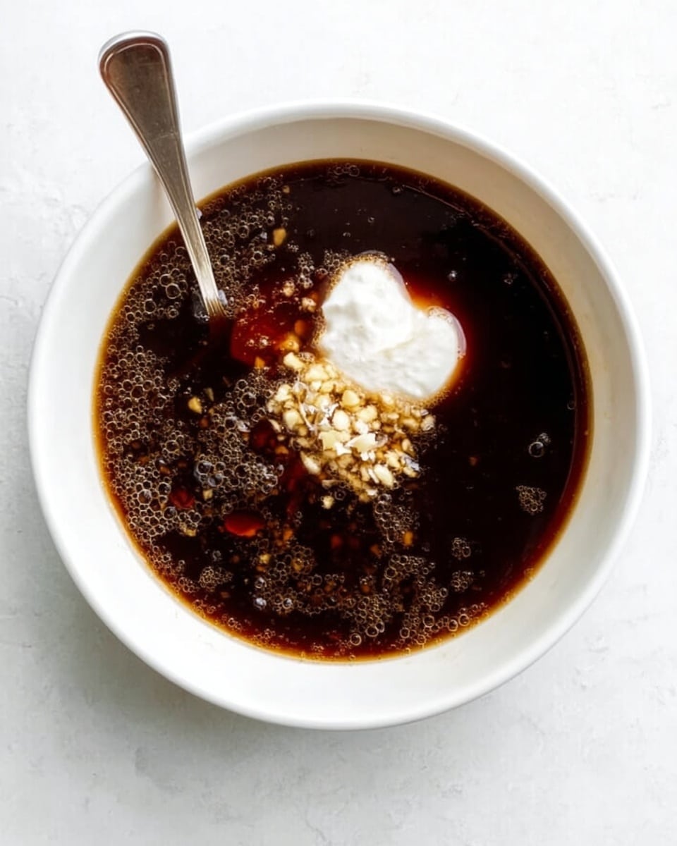 A white bowl filled with dark brown sauce that has a glossy texture, with small bubbles on the surface. On top of the sauce, there is a clump of minced garlic and a portion of white, smooth substance that looks like coconut cream, both sitting close to the center. A silver spoon rests inside the bowl on the left side, its handle leaning on the edge. The bowl is placed on a white marbled surface, bright and clean. photo taken with an iphone --ar 4:5 --v 7