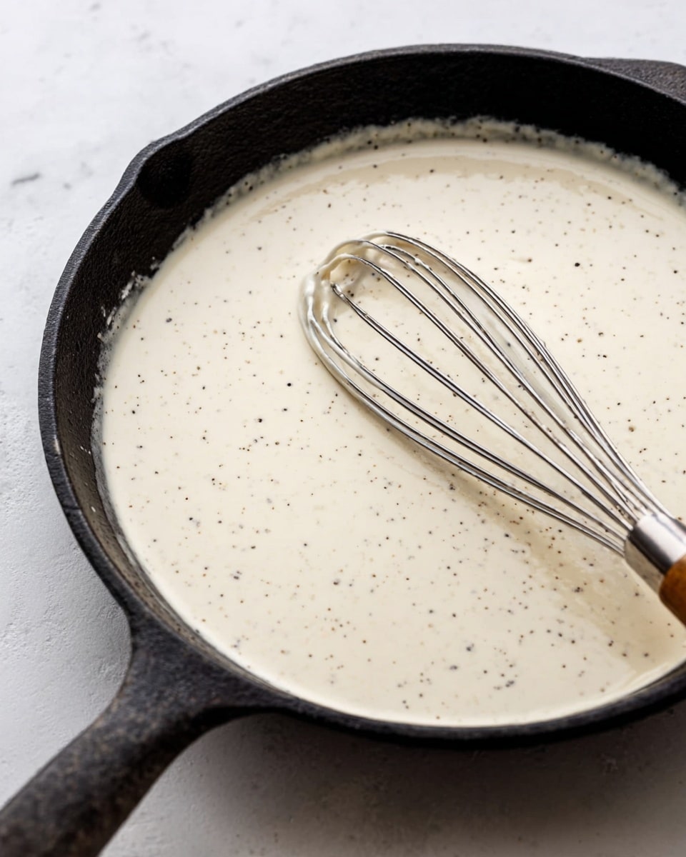A close-up view of a black skillet filled with thick, creamy white sauce speckled lightly with black pepper. A shiny metal whisk rests inside the sauce, partially submerged on the right side of the pan, showing smooth texture and slight thickness. The skillet sits on a white marbled surface with no other objects around, highlighting the sauce's light color and smooth consistency. Photo taken with an iphone --ar 4:5 --v 7