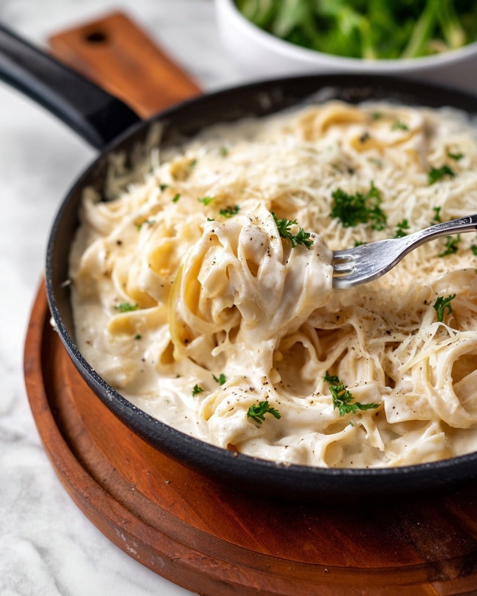 A black pan holds creamy white pasta with thick, flat noodles covered in smooth, white Alfredo sauce. The pasta is topped with small green parsley pieces and light shreds of white cheese scattered on the left side. A silver fork rests in the pasta on the lower right, partially lifting some noodles. The pan sits on a wooden board, all placed on a white marbled surface. In the blurred background, a white bowl with green leafy vegetables is visible. Photo taken with an iphone --ar 4:5 --v 7