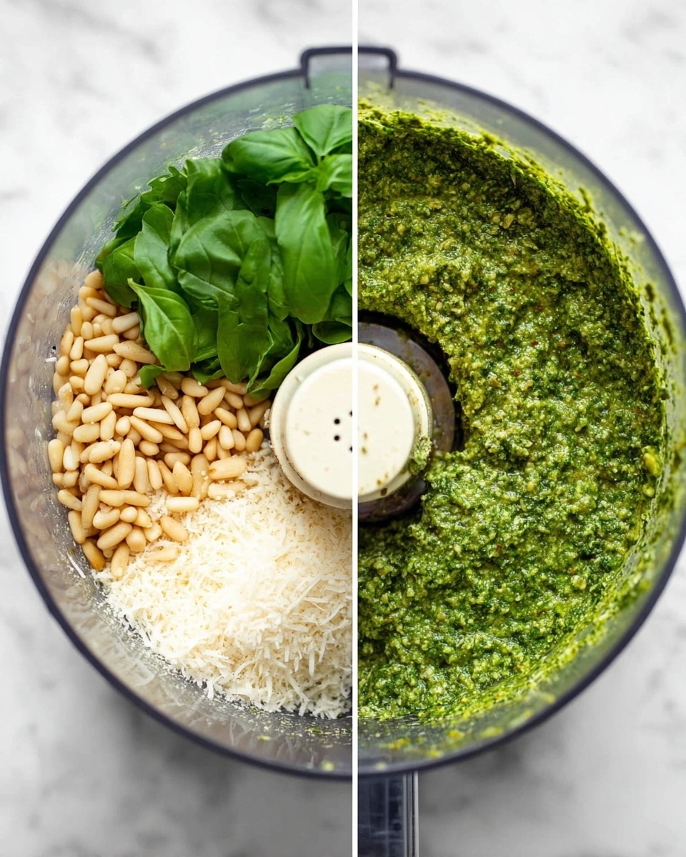 The image shows a side-by-side comparison of a food processor bowl on a white marbled surface. On the left, the bowl contains separate layers: a pile of light brown pine nuts on the left side, fresh dark green basil leaves on the top right, and white grated cheese on the bottom right, all surrounding the central blade. On the right side of the image, the same bowl shows the ingredients blended into a thick, bright green pesto sauce with a slightly coarse texture, evenly covering the blade and sides inside the bowl. Photo taken with an iphone --ar 4:5 --v 7