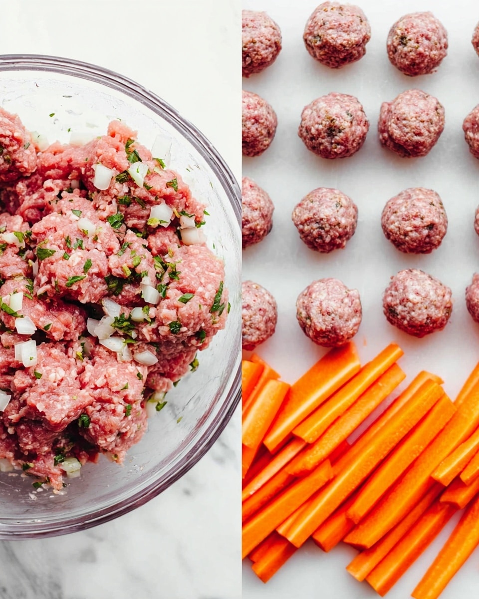 The image is split into two parts. On the left side, there is one clear glass bowl filled with a mix of raw ground meat with small green herb pieces and tiny white onion bits mixed in, showing a rough, soft texture. On the right side, there is a white marbled surface with two rows of small round raw meatballs on the top half, each showing a speckled red and white color with pieces of onion and herbs visible. Below the meatballs, there are bright orange carrot sticks cut into small lengths with smooth, slightly shiny surfaces, spread out evenly. photo taken with an iphone --ar 4:5 --v 7