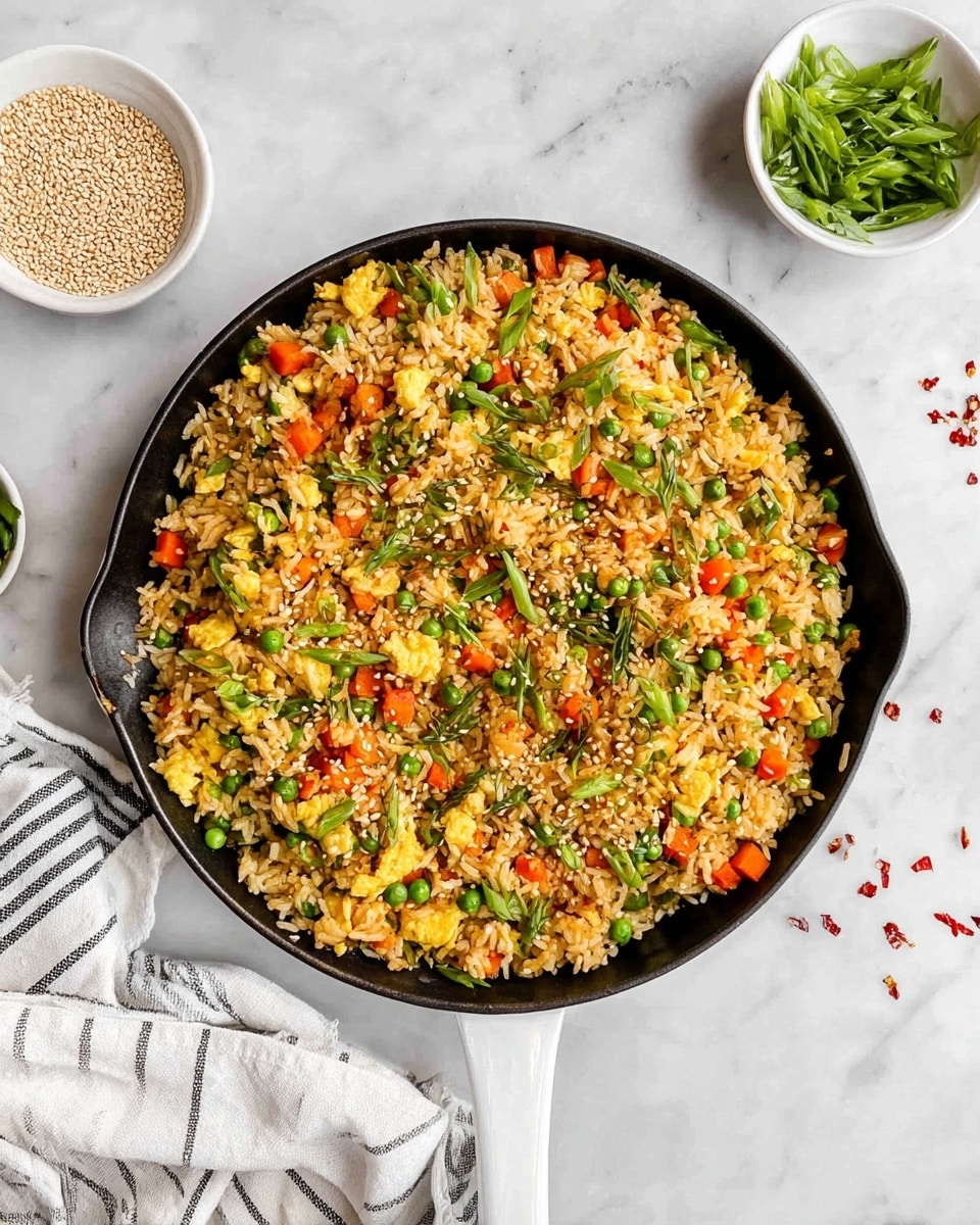 A close top view of a white-handled black skillet filled with colorful fried rice made of light brown rice grains mixed with bright green peas, chopped orange carrots, yellow scrambled eggs, and sliced green onions. Around the skillet, there are two small white bowls, one filled with sesame seeds and the other with fresh green onion pieces. The skillet is placed on a white marbled surface with a white and black striped kitchen cloth near the handle, and a few small red chili flakes scattered on the surface. photo taken with an iphone --ar 4:5 --v 7