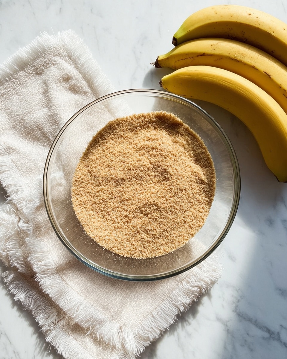 A clear glass bowl sits on a white marbled surface, filled with a layer of fine, light brown crumbs that look dry and slightly coarse. Next to the bowl on the right, a bunch of three ripe bananas with yellow skin and some brown spots rests partly on the surface. Below the bowl, a white cloth with fringed edges is casually placed, adding a soft texture contrast to the scene. The light is bright and natural, creating soft shadows around the bowl and bananas. photo taken with an iphone --ar 4:5 --v 7