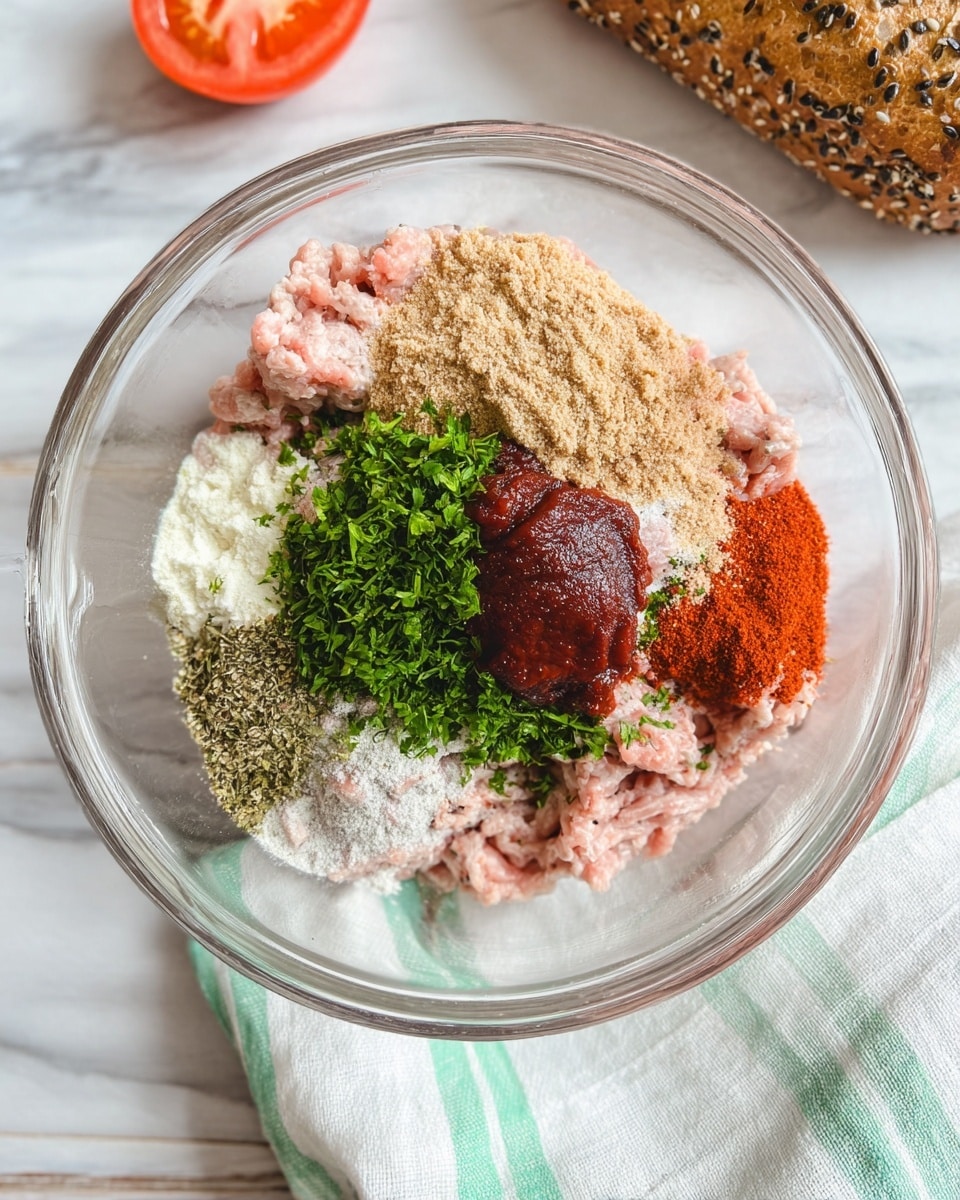 Inside a clear glass bowl on a white marbled surface, there are several layers of ingredients. One large layer of light pink ground meat curls around the edges. On top, a round patch of light brown breadcrumbs fills one side. Bright green chopped herbs sit near the center. A shiny smooth dollop of dark red paste rests on the meat below the herbs. Around these are scattered layers of different seasonings in light tan, white, and reddish browns, creating a mix of fine powders and spices. A slice of tomato and a piece of seed-speckled bread rest nearby on the white marbled surface. A woman's hand towel with green and white stripes lies under the bowl. Photo taken with an iphone --ar 4:5 --v 7