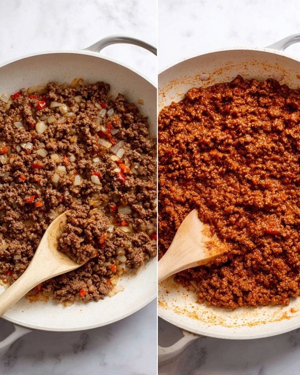 The image shows two white pans side by side on a white marbled surface. The pan on the left contains cooked ground meat mixed with diced onions and small bits of red pepper, with a wooden spoon resting inside the pan on the right side. The pan on the right holds the same ground meat, but now coated with a rich reddish-brown sauce, giving it a moist and textured appearance, with a wooden spoon resting inside the pan on the right side. photo taken with an iphone --ar 4:5 --v 7