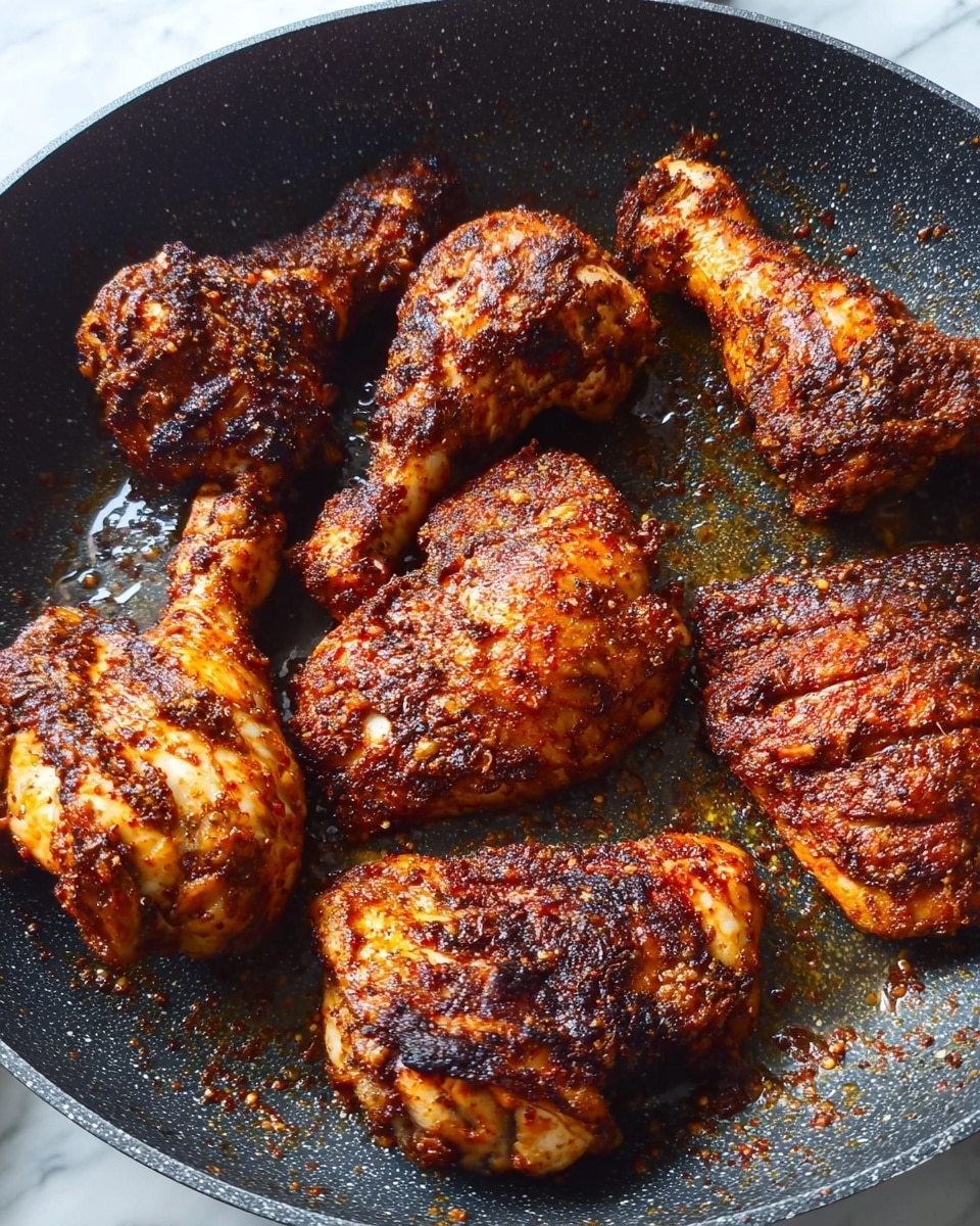 The image shows six pieces of crispy cooked chicken with a dark brown, slightly charred outer layer from spices and cooking, placed inside a nonstick frying pan. The chicken pieces are a mix of drumsticks and wings, each coated evenly with a textured seasoning that gives a rich, rustic look. The pan holds some cooked oil and spice bits scattered around the chicken, reflecting a home-cooked style. The background is a white marbled texture. photo taken with an iphone --ar 4:5 --v 7
