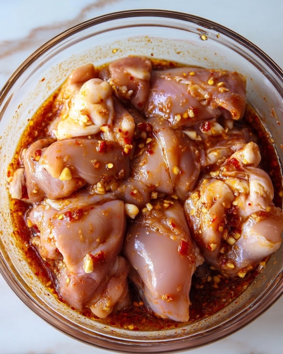 Inside a clear glass bowl, there are several pieces of raw chicken soaked in a thick dark reddish-brown sauce with visible tiny bits of chili and garlic. The chicken pieces have a smooth and moist texture with pale pink and light beige colors, some showing white fat parts. The bowl is placed on a white marbled surface. The sauce partly covers the chicken, pooling around the edges. The photo taken with an iphone --ar 4:5 --v 7
