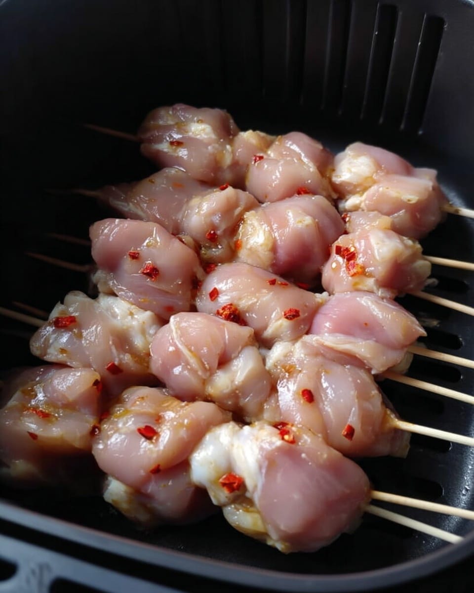 The image shows three white wooden skewers each holding 5 to 6 pieces of raw chicken meat, light pink in color with some patches of yellow fat, placed close together in a black air fryer basket. The chicken pieces have a shiny and moist texture with small red chili flakes scattered on some of them. The black basket has curved vertical slits on the sides and a mesh-like bottom, giving a clear view of the raw chicken pieces inside. photo taken with an iphone --ar 4:5 --v 7