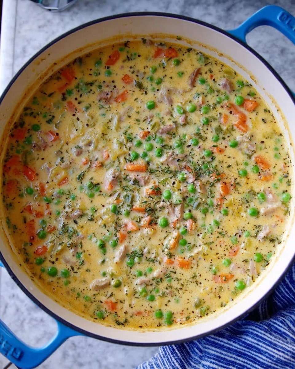 A large white pan with blue handles holds a thick soup filled with small green peas, orange carrot slices, bits of light meat, and specks of herbs, all mixed in a creamy light yellow broth that covers the entire surface. The pan sits on a white marbled surface with a blue and white striped cloth partially visible on the right side. photo taken with an iphone --ar 4:5 --v 7