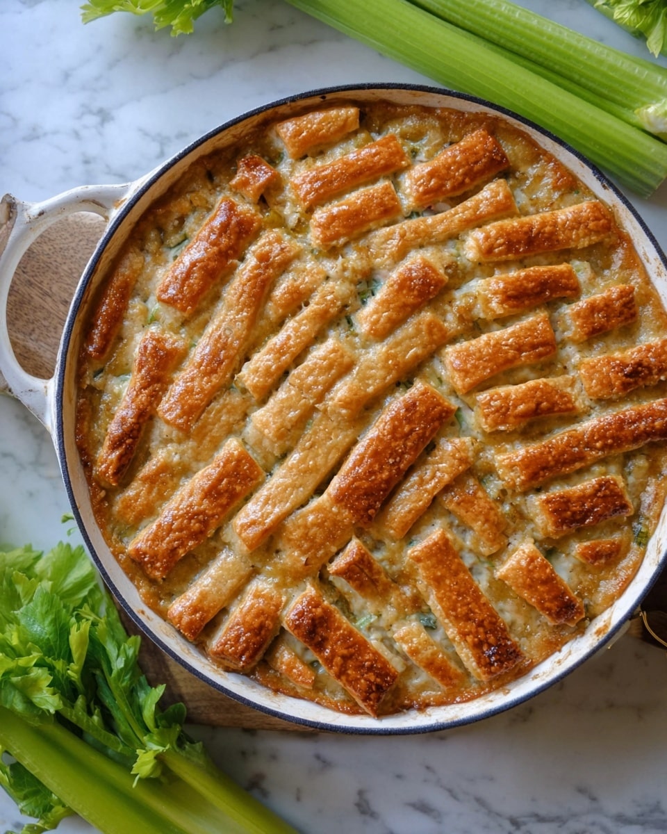 The image shows a round white pan filled with a golden-brown savory pie. The top layer is made of small rectangular strips of crust arranged close together in a slightly overlapping pattern, with visible browning giving a crispy texture. The filling underneath is creamy and light-colored, peeking through the gaps between the strips. The pan sits on a white marbled surface with fresh green celery stalks and leaves nearby, adding a fresh touch to the setting. photo taken with an iphone --ar 4:5 --v 7