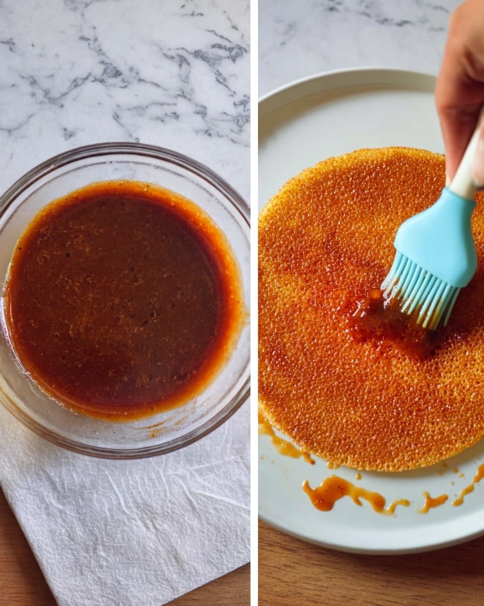The image shows two views of a cooking process: on the left, a small clear glass bowl filled with a dark brown sauce with a smooth, shiny surface sits on a white marbled texture; on the right, a white plate holds a round, golden-brown flatbread or pancake with a textured surface, being brushed evenly with the same sauce by a woman's hand holding a light blue silicone brush, with some sauce splatters around the plate edges. Photo taken with an iphone --ar 4:5 --v 7