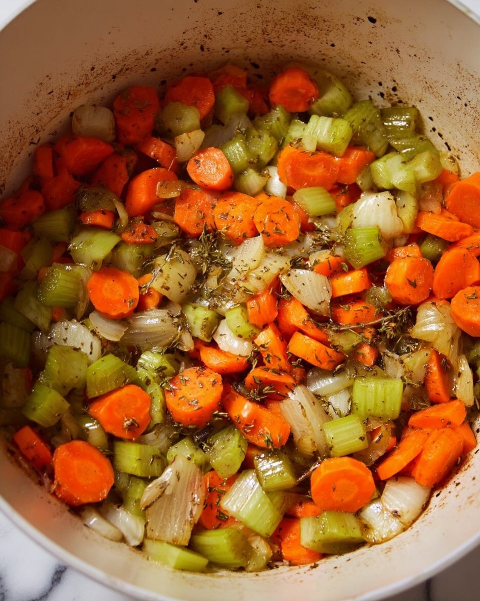 The image shows a white pot filled with a dark brown broth bubbling gently. Inside the broth, there are three large pieces of pale white meat, surrounded by small chopped orange carrot slices, light green celery pieces, and bits of white onion. There are also dark green bay leaves floating on top, with small flecks of herbs scattered throughout the broth. The surface and edges of the pot have a few splashes of broth. The background features a white marbled texture. photo taken with an iphone --ar 4:5 --v 7