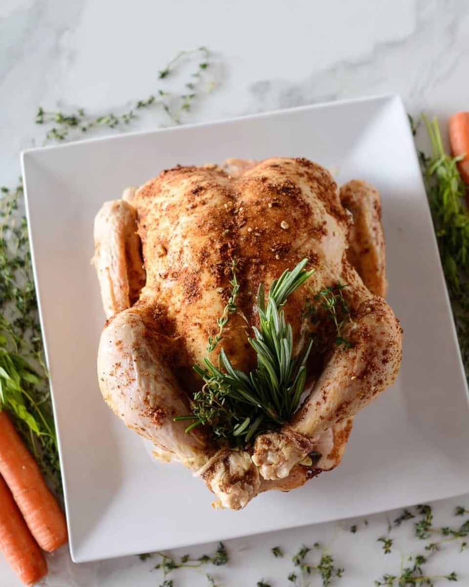 A whole raw seasoned chicken with a golden-brown spice coating on the skin is placed on a white square plate. Inside the cavity of the chicken, there are fresh green herbs like rosemary and thyme sticking out. The chicken is centered in the image with its legs facing forward and wings tucked tightly at the sides. The plate is on a white marbled surface, and there are fresh carrots and some herbs casually placed around the plate. The photo is taken with an iphone --ar 4:5 --v 7
