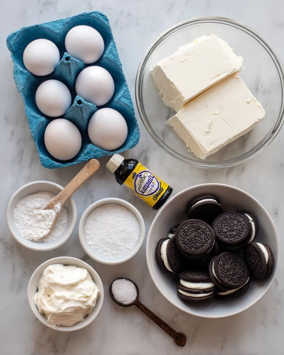 The image shows multiple white containers with ingredients neatly arranged on a white marbled surface. On the left is a blue egg tray holding five white eggs. Next to it, in the center, is a clear glass bowl filled with two large blocks of white cream cheese. Below the cream cheese, a small white bowl contains a mound of white powdered sugar, and beside it, a wooden-handled spoon holds a scoop of white sour cream. To the right, a white bowl is filled with dark chocolate sandwich cookies stacked loosely. Above the cookies, a small white bowl contains white granulated sugar. A small bottle of vanilla extract with a yellow and black label lies diagonally between the eggs and the bowls. Photo taken with an iphone --ar 4:5 --v 7