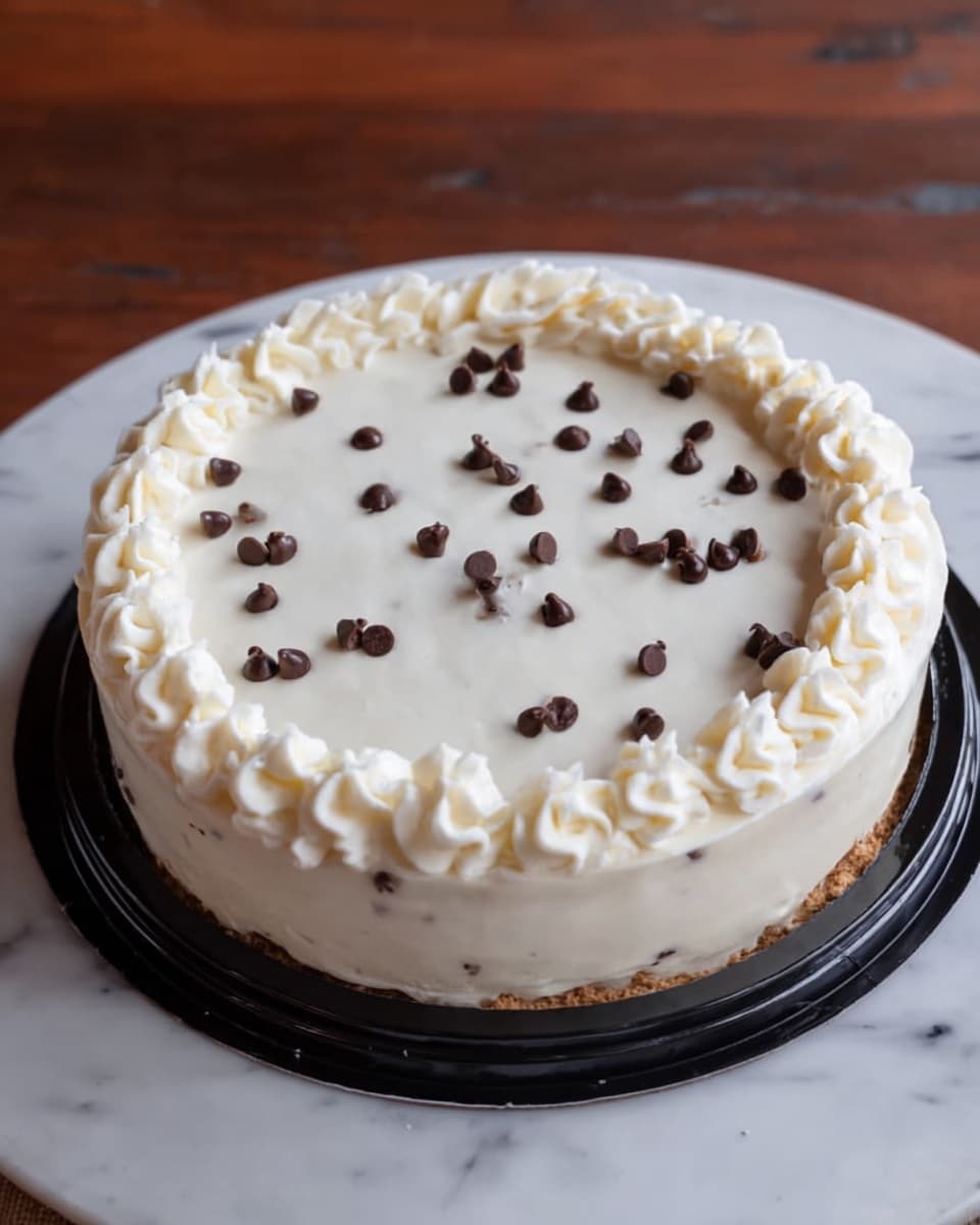 A round cake with one visible layer, covered smoothly with white cream frosting. On top, there are small chocolate chips scattered unevenly across the center. Around the edge of the cake, a thick, wavy border of white cream frosting is piped evenly. The cake sits on a black plastic base, placed on a white plate, with a dark wooden table and white marbled texture beneath. photo taken with an iphone --ar 4:5 --v 7