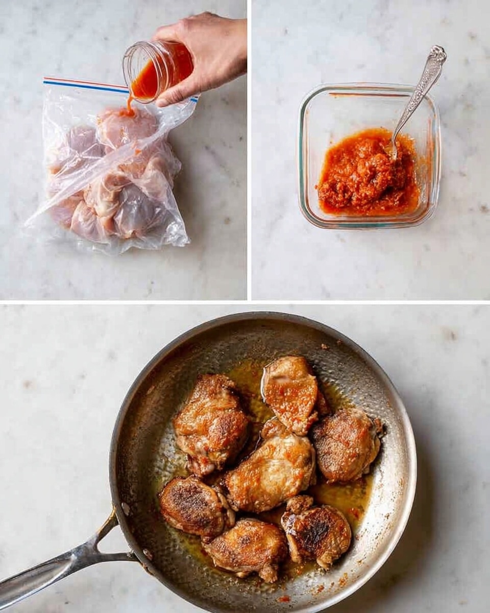The first image shows a top view of a clear food processor bowl with a mix of chopped ingredients inside, including red spices and light-colored pieces, sitting on a white marbled surface. The second image is a close-up of a transparent measuring cup with a handle and spout, filled with a light brown sauce, with a woman's hand pouring a clear liquid into it from a small pitcher, also on a white marbled surface. The third image shows a woman's hand holding a fork pressing on raw chicken pieces arranged on a tray lined with white parchment paper, all set on a white marbled surface photo taken with an iphone --ar 4:5 --v 7