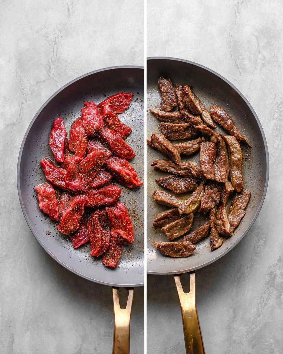 Two side-by-side images show a frying pan on a white marbled surface. The left pan holds raw red meat strips coated with black pepper and seasoning, with a slightly shiny texture. The right pan shows cooked brown meat strips with some darker seared spots and a drier texture, arranged loosely in the same pan. The pans have a metallic grey interior and a golden handle. Photo taken with an iphone --ar 4:5 --v 7
