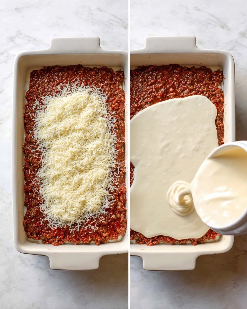 A baked dish in a white rectangular ceramic baking pan with two small handles, showing a thick, uneven top layer in golden brown with darker browned spots, indicating a cheesy or creamy crust. The textured surface has areas bubbling and slightly cracked, with a mix of yellow and rich brown tones, giving a rustic, hearty look. The baking pan sits on a rough light brown linen cloth atop a white marbled surface. A few green parsley leaves scattered nearby and two small stack of white speckled plates with two forks on top are in the upper right corner. photo taken with an iphone --ar 4:5 --v 7