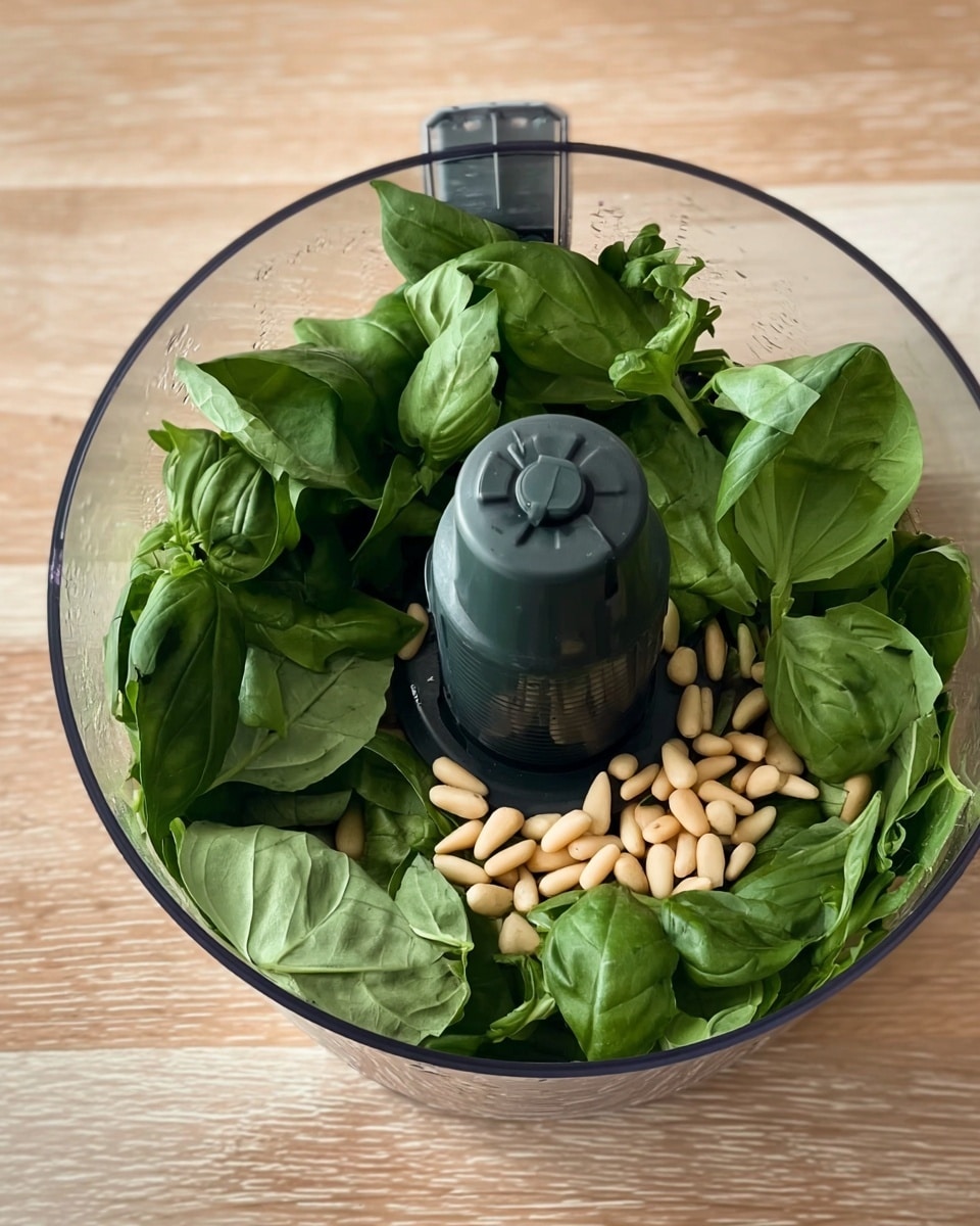A clear food processor bowl filled with large fresh green basil leaves surrounding the tall black central blade holder, scattered with many small light tan pine nuts on top, sitting on a wooden table with a white marbled texture background, photo taken with an iphone --ar 4:5 --v 7