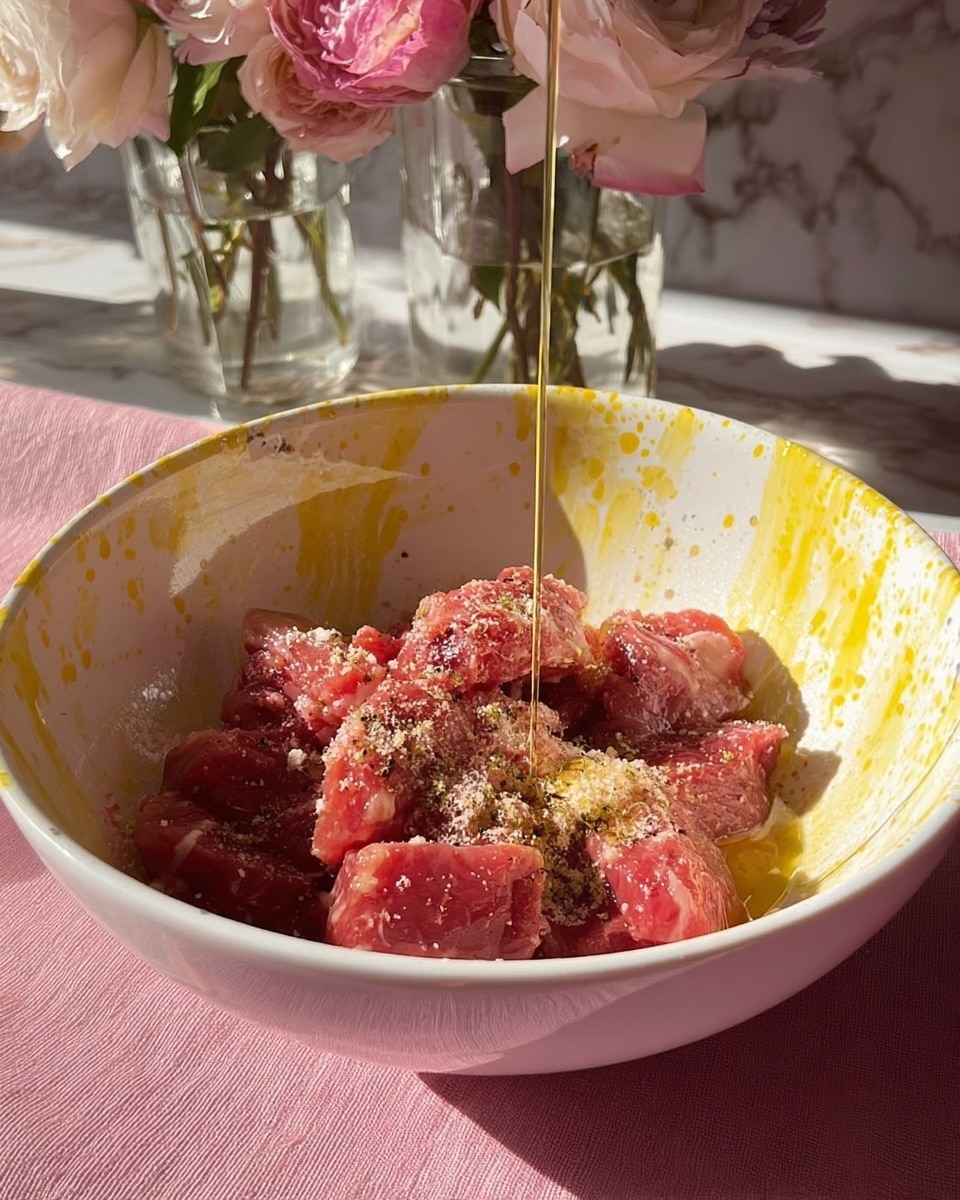 In a white bowl with yellow splatter patterns, there are chunks of raw red meat with some light marbling. On top of the meat, there is a layer of light brown powder and some black pepper sprinkled across, with a thin drizzle of golden oil being poured over it. The bowl sits on a pink cloth surface, and in the background, there are glass jars holding pink and white roses set against a white marbled texture. The light creates soft shadows and highlights on the meat and bowl, making the textures clear and vivid photo taken with an iphone --ar 4:5 --v 7