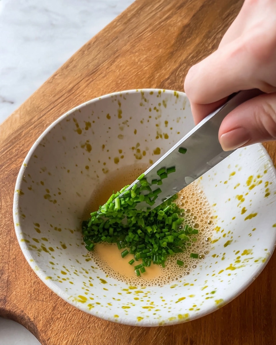 A close-up shot shows a woman's hand holding a knife with bright green chopped chives on its blade, positioned over a white bowl with yellow speckles. Inside the bowl is a light brown, frothy liquid with small bubbles on its surface. The bowl sits on a wooden board, though the background and surface are changed to white marbled texture. The focus is on the sharp knife and fresh chives ready to be mixed into the liquid in the bowl. photo taken with an iphone --ar 4:5 --v 7