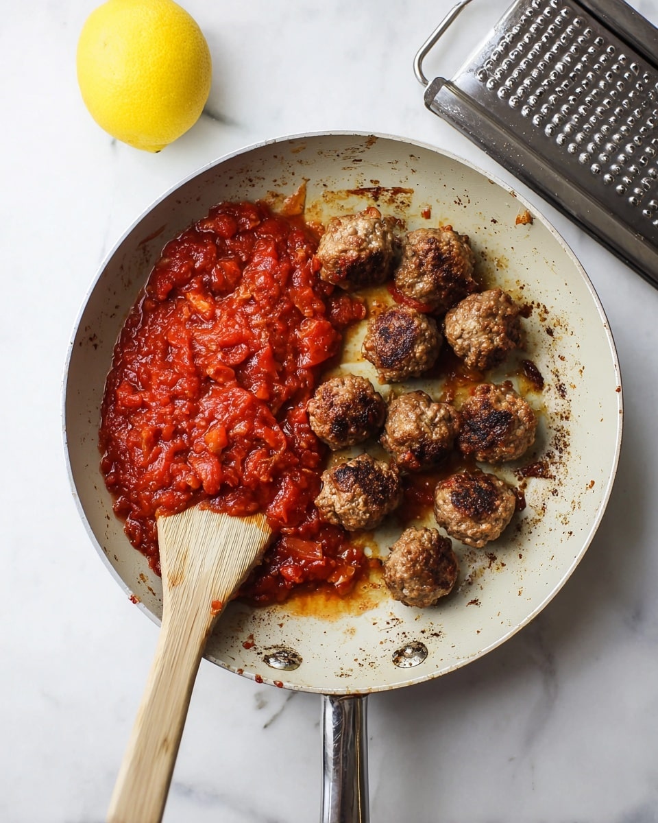 A white pan with a wooden spatula inside holds two distinct parts: on the left side, there is a thick, chunky red tomato sauce with visible tomato pieces and a rich texture, while on the right side, several browned meatballs with a slightly crispy, uneven surface are arranged in a loose cluster, sitting in some oil and browned bits. Above the pan, there is a bright yellow lemon resting next to a metal grater on a white marbled surface. The photo is taken with an iphone --ar 4:5 --v 7