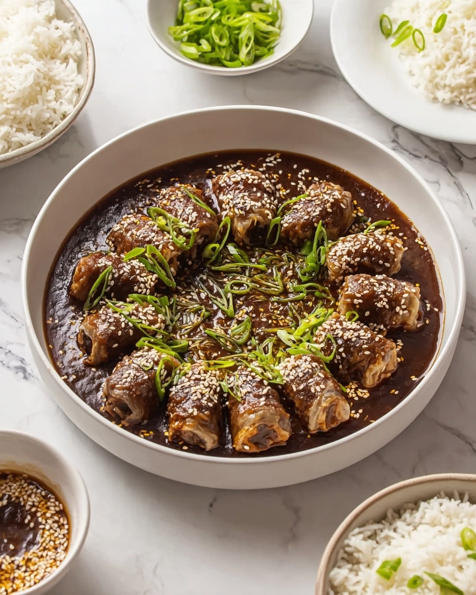A white shallow bowl filled with several rolls of brown meat wrapped tightly around light beige enoki mushrooms, arranged in a neat ring and covered in a rich, dark brown sauce pooling at the bottom. The rolls are sprinkled with white sesame seeds and bright green sliced scallions, adding contrast to the dish. Around the main bowl, there are smaller white bowls, one containing fluffy white rice and another with scattered green scallion slices, all set on a white marbled surface. photo taken with an iphone --ar 4:5 --v 7