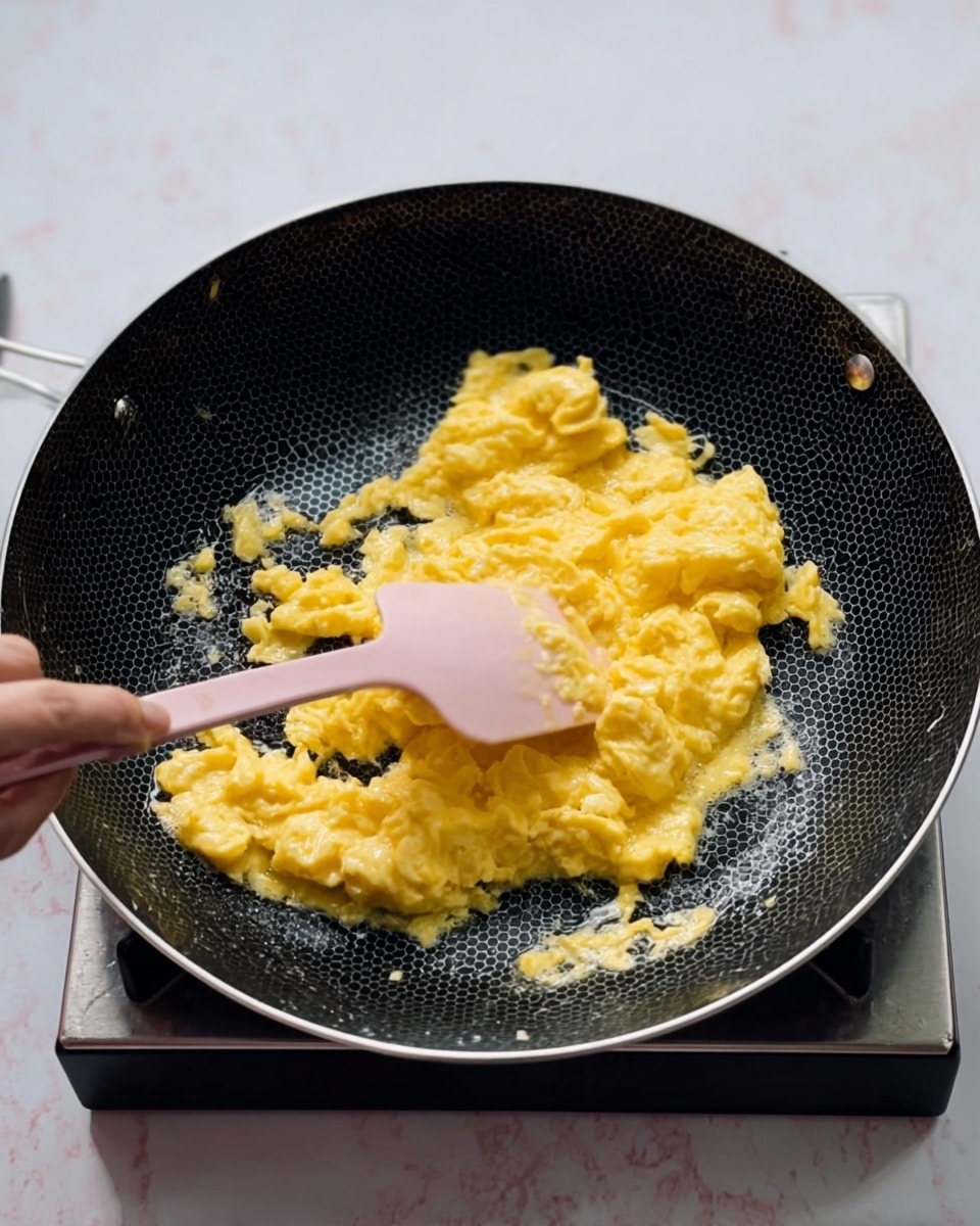 A gold spoon holds three layers close to the camera: the bottom layer is sticky white rice with a soft texture, topped on one side by a small, bright yellow scrambled egg with a slightly shiny surface, sprinkled with black seaweed flakes and sesame seeds, and on the other side by a deep reddish-brown square piece of cooked meat garnished with two small pieces of green onion. Below the spoon is a white bowl filled with more sticky white rice and a bright yellow scrambled egg topped with black seaweed flakes and sesame seeds. In the background, blurry sides in small white bowls sit on a white marbled surface. Photo taken with an iphone --ar 4:5 --v 7