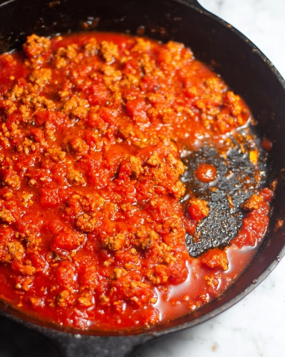A close-up view of a black cast iron pan filled with cooked ground meat mixed with red tomato sauce. The dish has a chunky texture with small meat pieces coated in bright red sauce, some parts showing slight browning where the meat touches the pan. The pan sits on a white marbled surface, with a bit of sauce bubbling around the edges. photo taken with an iphone --ar 4:5 --v 7